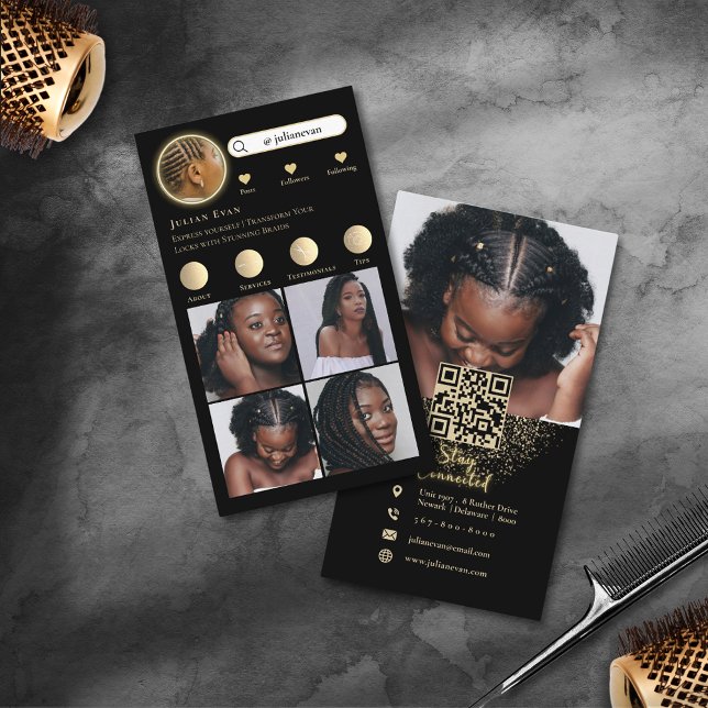 Glitter Gold Instagram Photo Collage Hair Braiding Business Card (Glitter Gold Instagram Photo Collage Hair Braiding Business Card)