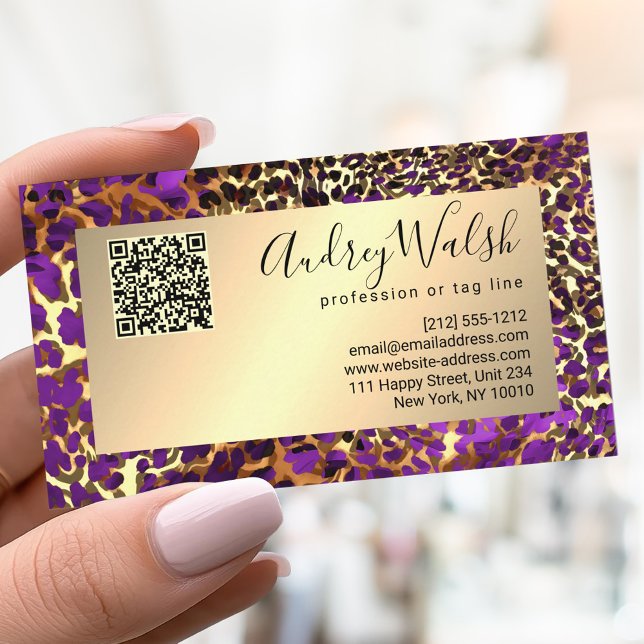  Glitter Gold Luxury QR Code Animal Skin Leopard Business Card (Creator Uploaded)