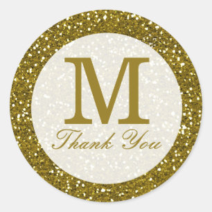 Glitter Gold Monogram Thank You Classic Round Sticker