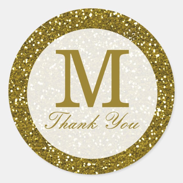 Glitter Gold Monogram Thank You Classic Round Sticker (Front)