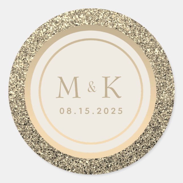 Glitter Gold Monogram Wedding Classic Round Sticker (Front)