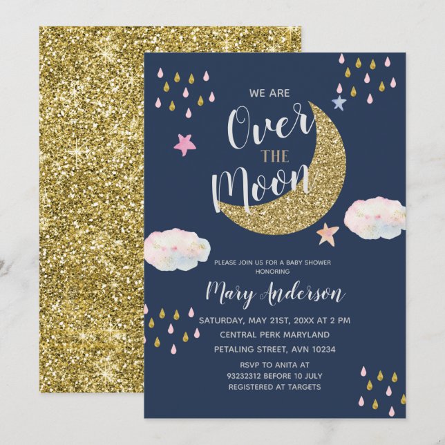 Glitter Gold Moon Baby Shower Invitation (Front/Back)