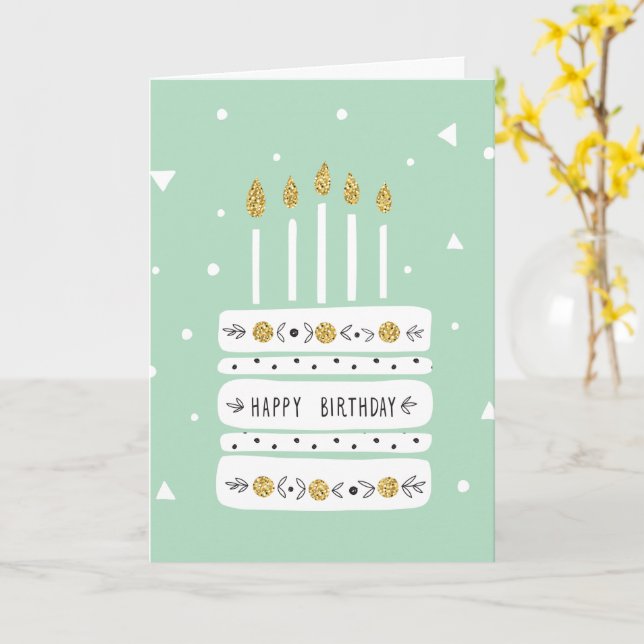 Glitter Gold Pastel Birthday Cake Illustration Card (Yellow Flower)