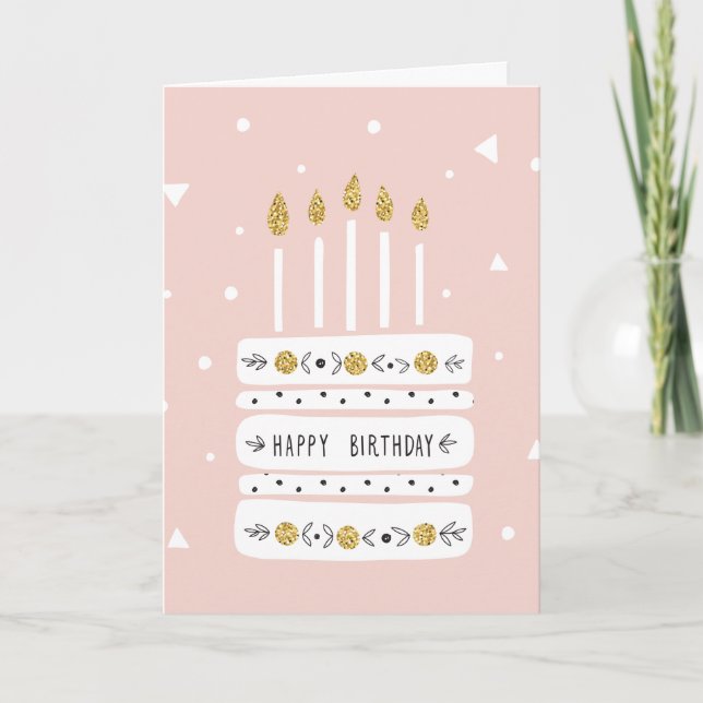 Glitter Gold Pastel Birthday Cake Illustration Card (Front)