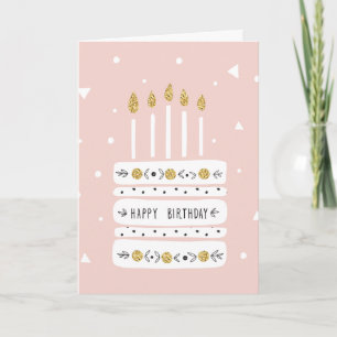Glitter Gold Pastel Birthday Cake Illustration Card