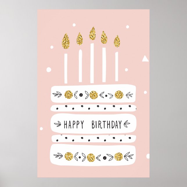 Glitter Gold Pastel Birthday Cake Illustration Poster (Front)