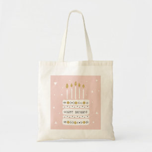 Glitter Gold Pastel Birthday Cake Illustration Tote Bag