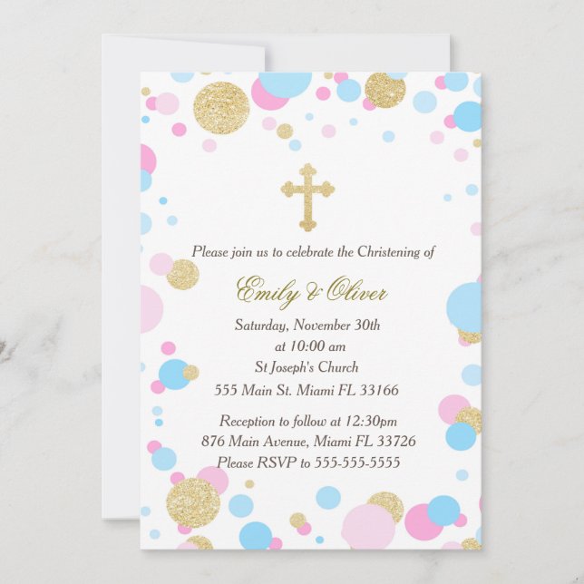 Glitter Gold Pink Blue Twins Baptism Invitation (Front)
