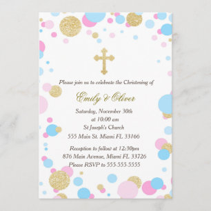 Glitter Gold Pink Blue Twins Baptism Invitation