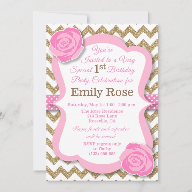 Glitter Gold & Pink Floral Birthday Invitation (Front)