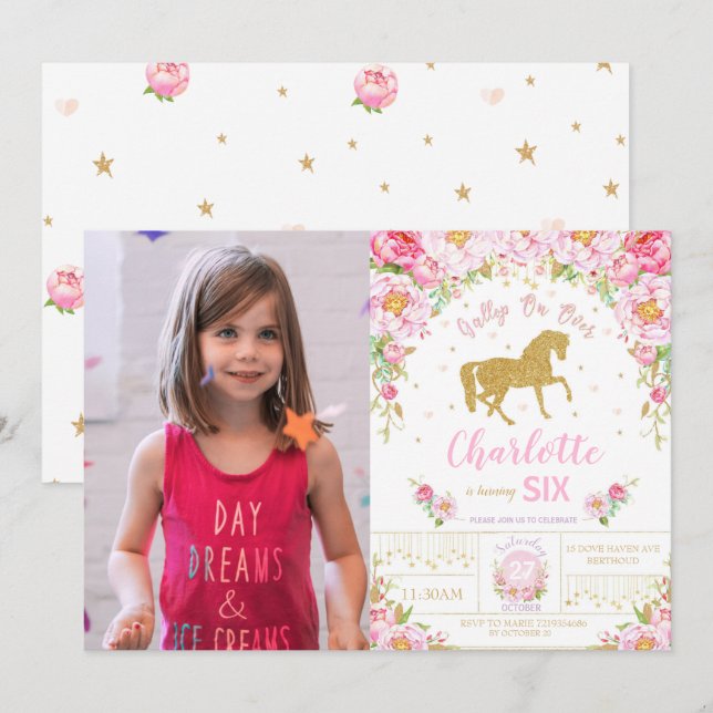 Glitter Gold Pink Floral Horse Birthday Girl Photo Invitation (Front/Back)