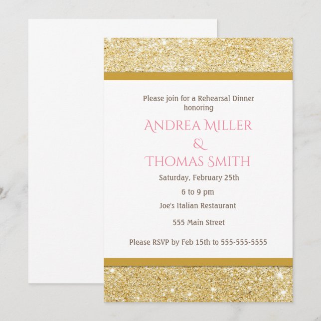 Glitter Gold Pink Rehearsal Dinner Invitation (Front/Back)