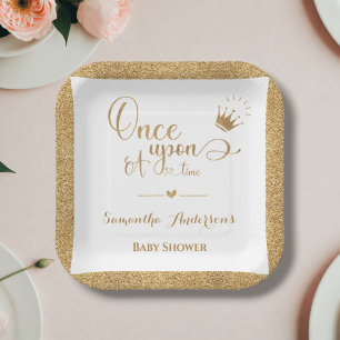 Glitter Gold Princess Once Upon A Time Baby Shower Paper Plate