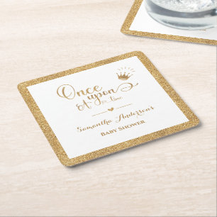 Glitter Gold Princess Once Upon A Time Baby Shower Square Paper Coaster
