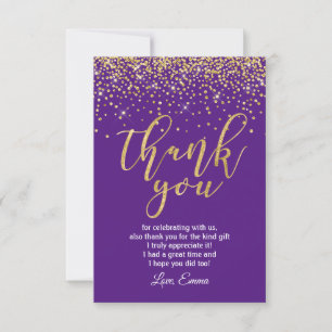 glitter gold, purple thank you card