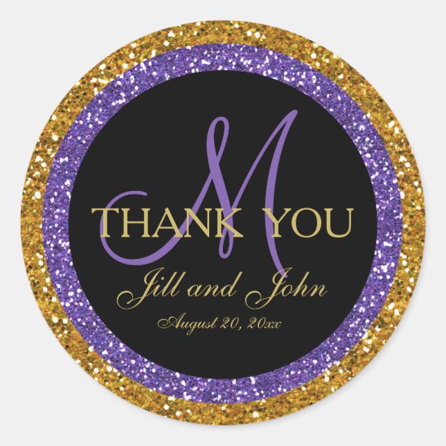 Glitter Gold Purple Wedding Favour Sticker (Front)