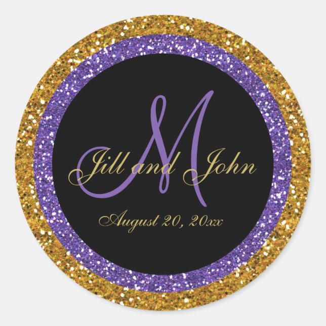 Glitter Gold Purple Wedding Monogram Seals Sticker (Front)