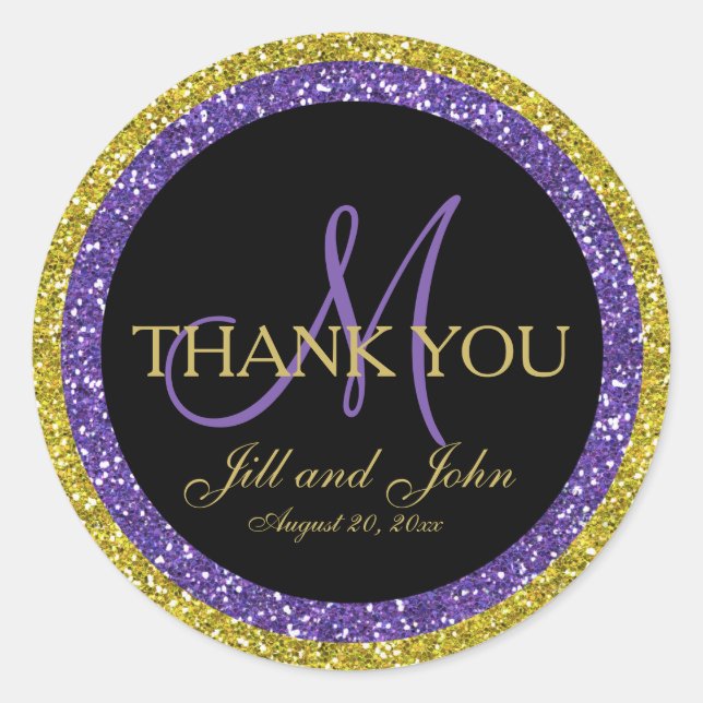 Glitter Gold Purple Wedding Thank You Sticker (Front)