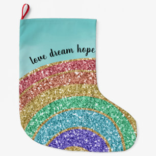 Glitter Gold Rainbow Aqua Watercolor Love Dream Large Christmas Stocking