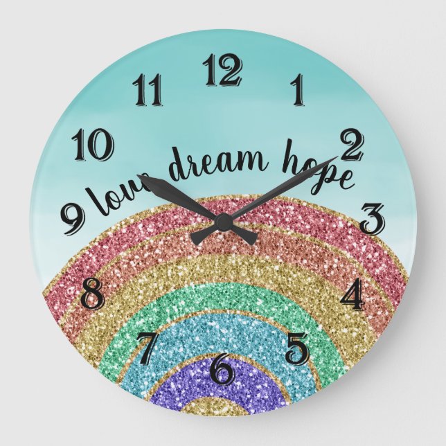 Glitter Gold Rainbow Aqua Watercolor Love Dream Large Clock (Front)