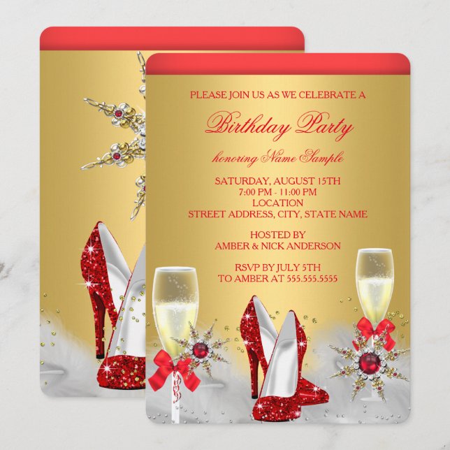 Glitter Gold Red High Heels Silver Champagne Invitation (Front/Back)