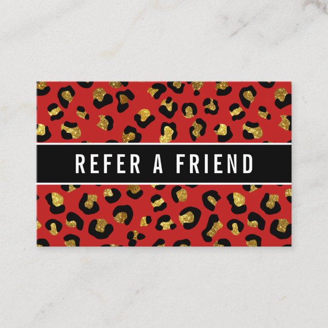 Glitter gold Red leopard Referral Customer Business Card (Front)