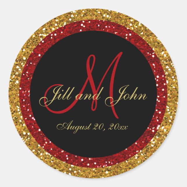 Glitter Gold Red Wedding Monogram Seals Sticker (Front)