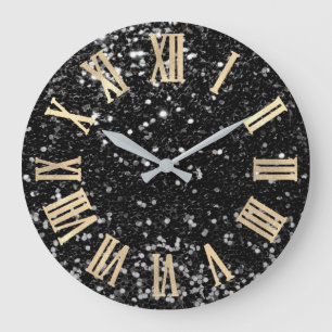 Glitter Gold Roman Numbers Silver Black Grey Large Clock