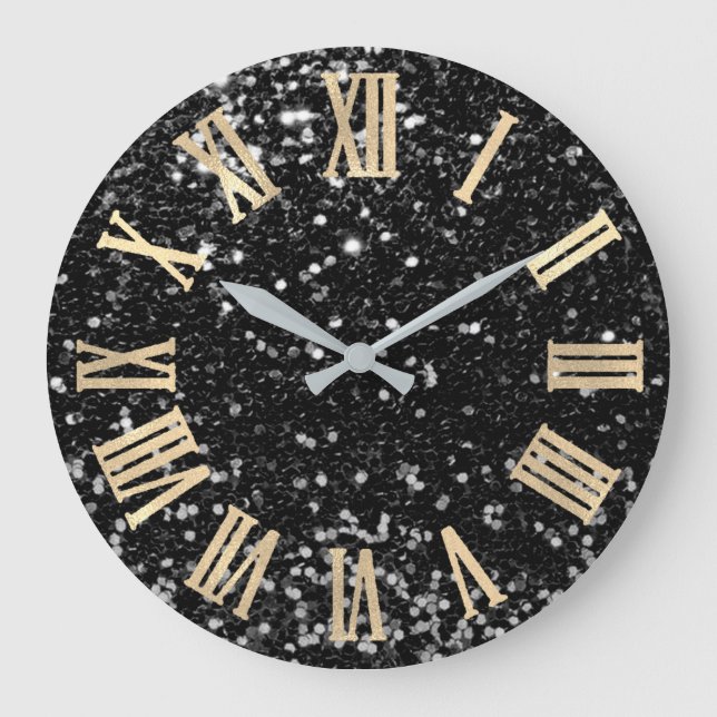 Glitter Gold Roman Numbers Silver Black Grey Large Clock (Front)