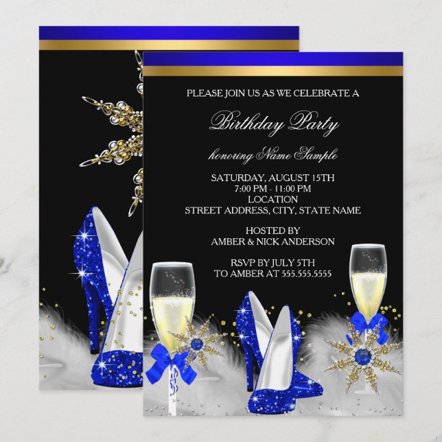 Glitter Gold Royal Blue Heels Black Champagne Invitation (Front/Back)