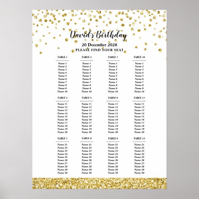 glitter , gold seating sign, birthday party seat poster (Front)
