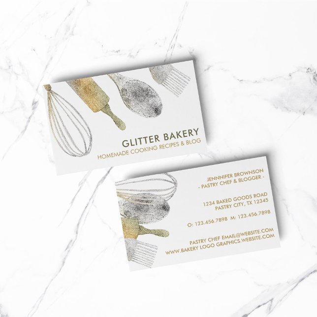 Glitter gold silver pastry bakery cook Caterer Business Card (BAKERY PASTRY CHEF COOK CAKE event planner business)