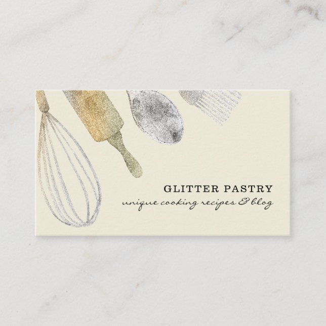 Glitter gold silver pastry bakery cook ivory business card (Front)
