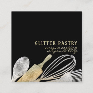 Glitter gold silver pastry bakery cook lux square business card