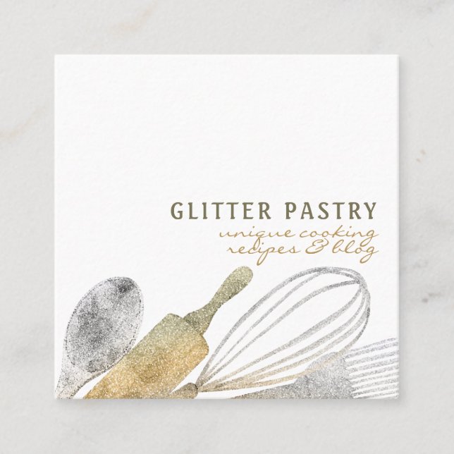 Glitter gold silver pastry bakery cook luxury square business card (Front)