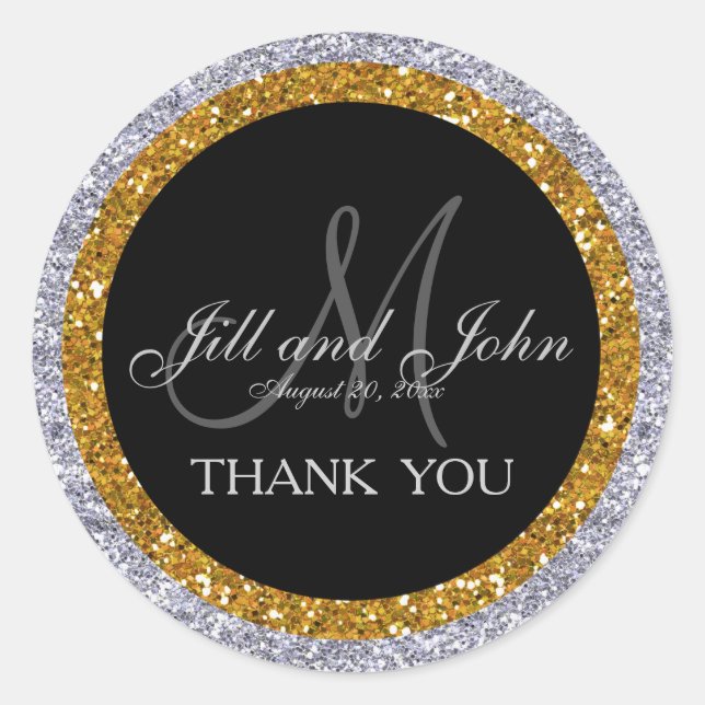 Glitter Gold Silver Wedding Thank You Sticker (Front)