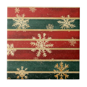 Glitter Gold Snowflakes on Red & Green Striped (1) Tile