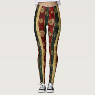 Glitter Gold Snowflakes on Red & Green Striped (2) Leggings