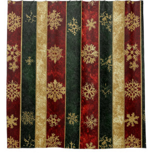 Glitter Gold Snowflakes on Red & Green Striped (2) Shower Curtain