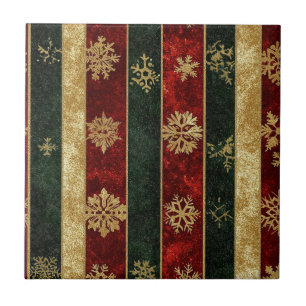 Glitter Gold Snowflakes on Red & Green Striped (2) Tile