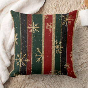 Glitter Gold Snowflakes on Red & Green Striped (3) Cushion