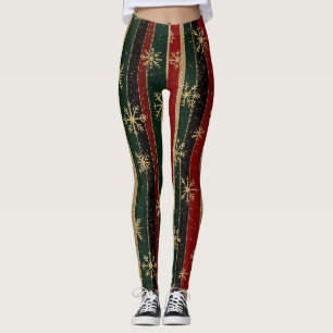 Glitter Gold Snowflakes on Red & Green Striped (3) Leggings