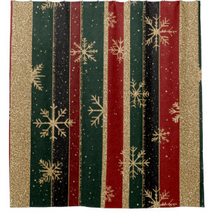 Glitter Gold Snowflakes on Red & Green Striped (3) Shower Curtain