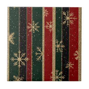 Glitter Gold Snowflakes on Red & Green Striped (3) Tile