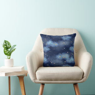 Glitter Gold Stars Dark Blue Sky Pattern Cushion