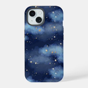 Glitter Gold Stars Dark Blue Sky Pattern iPhone 15 Case