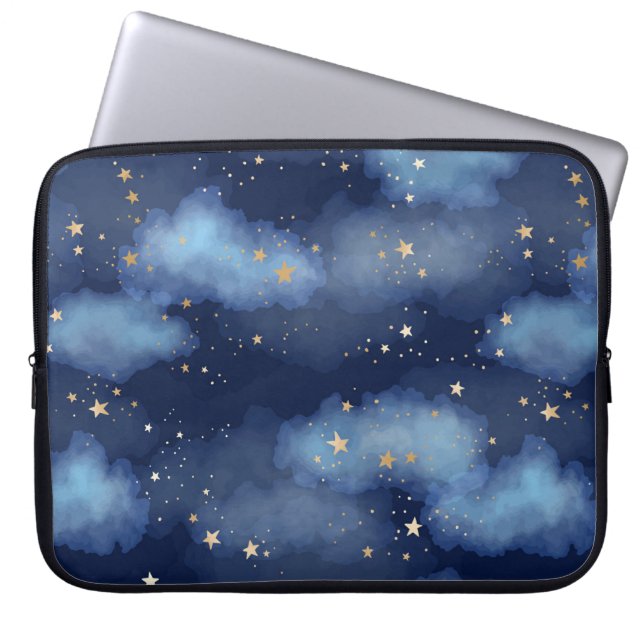 Glitter Gold Stars Dark Blue Sky Pattern Laptop Sleeve (Front)