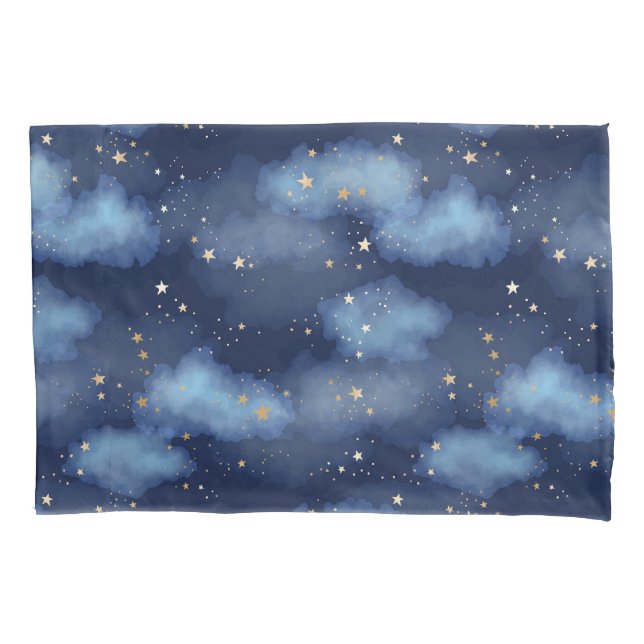 Glitter Gold Stars Dark Blue Sky Pattern Pillowcase (Front-Left)