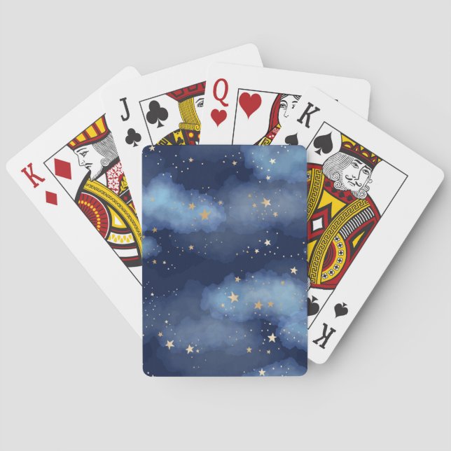 Glitter Gold Stars Dark Blue Sky Pattern Playing Cards (Back)