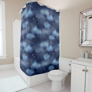 Glitter Gold Stars Dark Blue Sky Pattern Shower Curtain